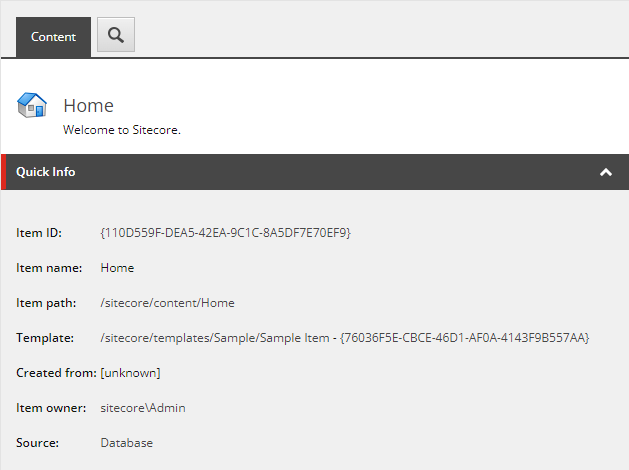 Sitecore interface displaying Quick Info panel with item details.