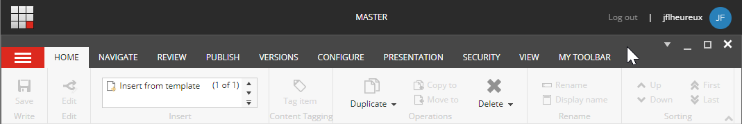 Sitecore ribbon with item editing options and a search bar for content.