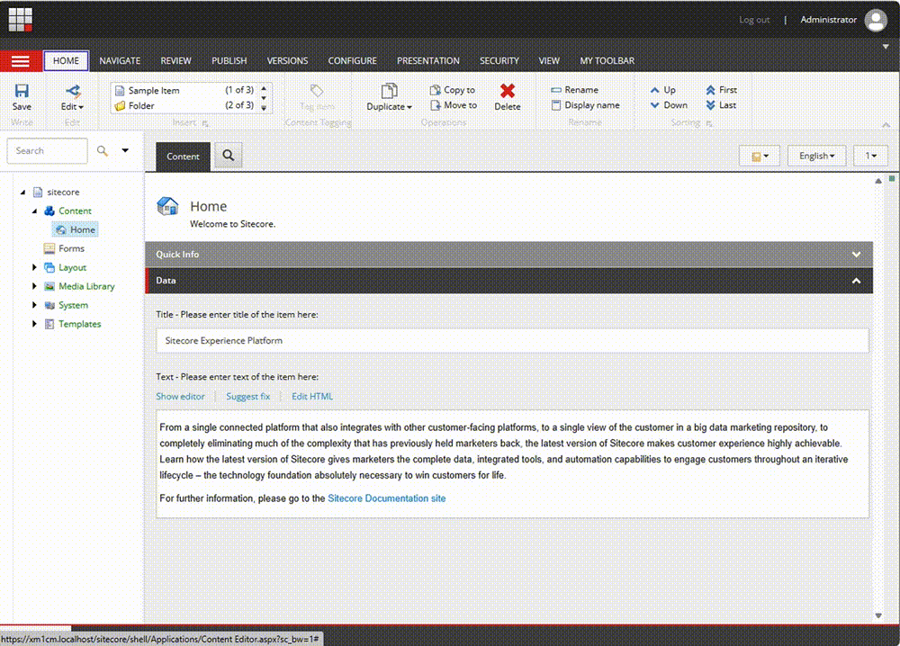 Screenshot of Sitecore content editor interface with various menu options and a content editing form.