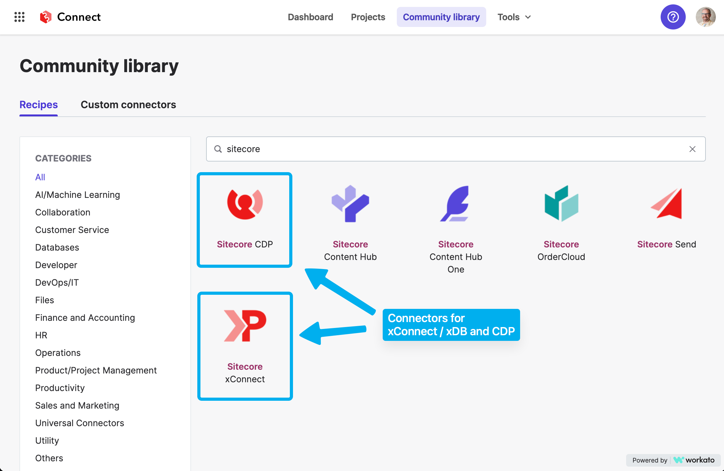 Screenshot of Sitecore's Connect community library with various integration connectors and categories displayed.