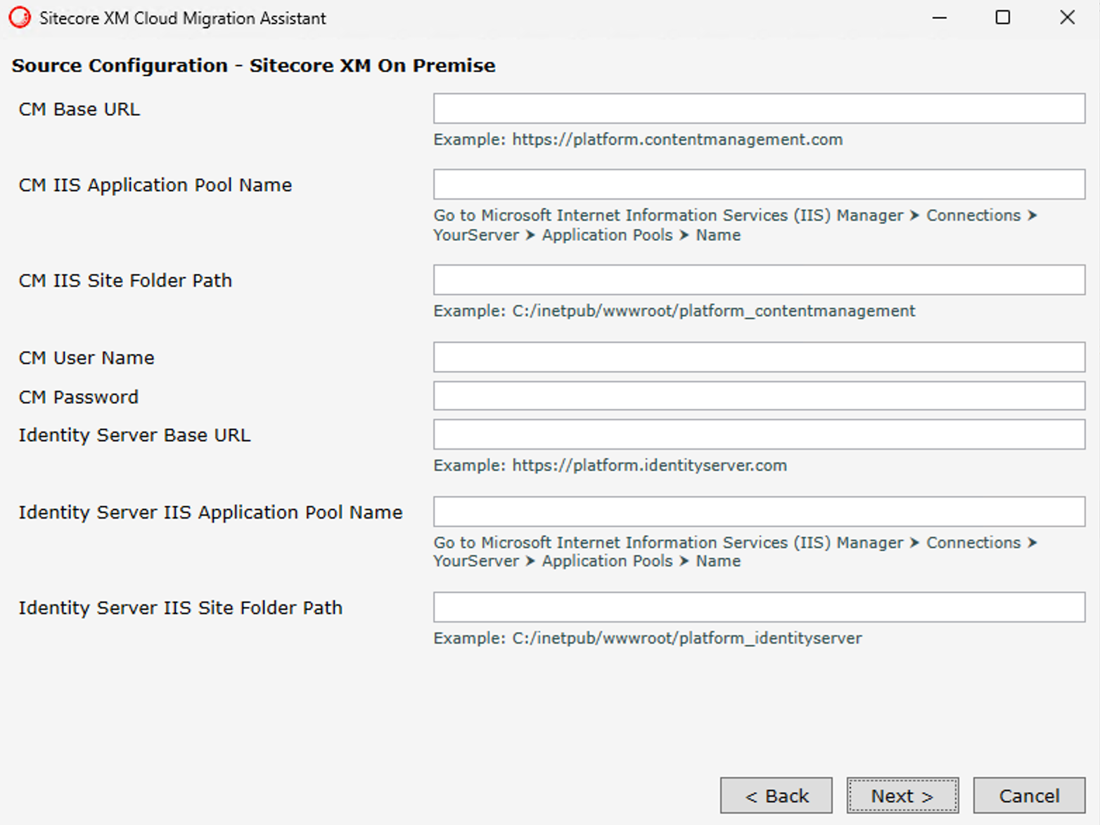 Configuration screen for migrating to Sitecore XM Cloud showing fields for environment details.