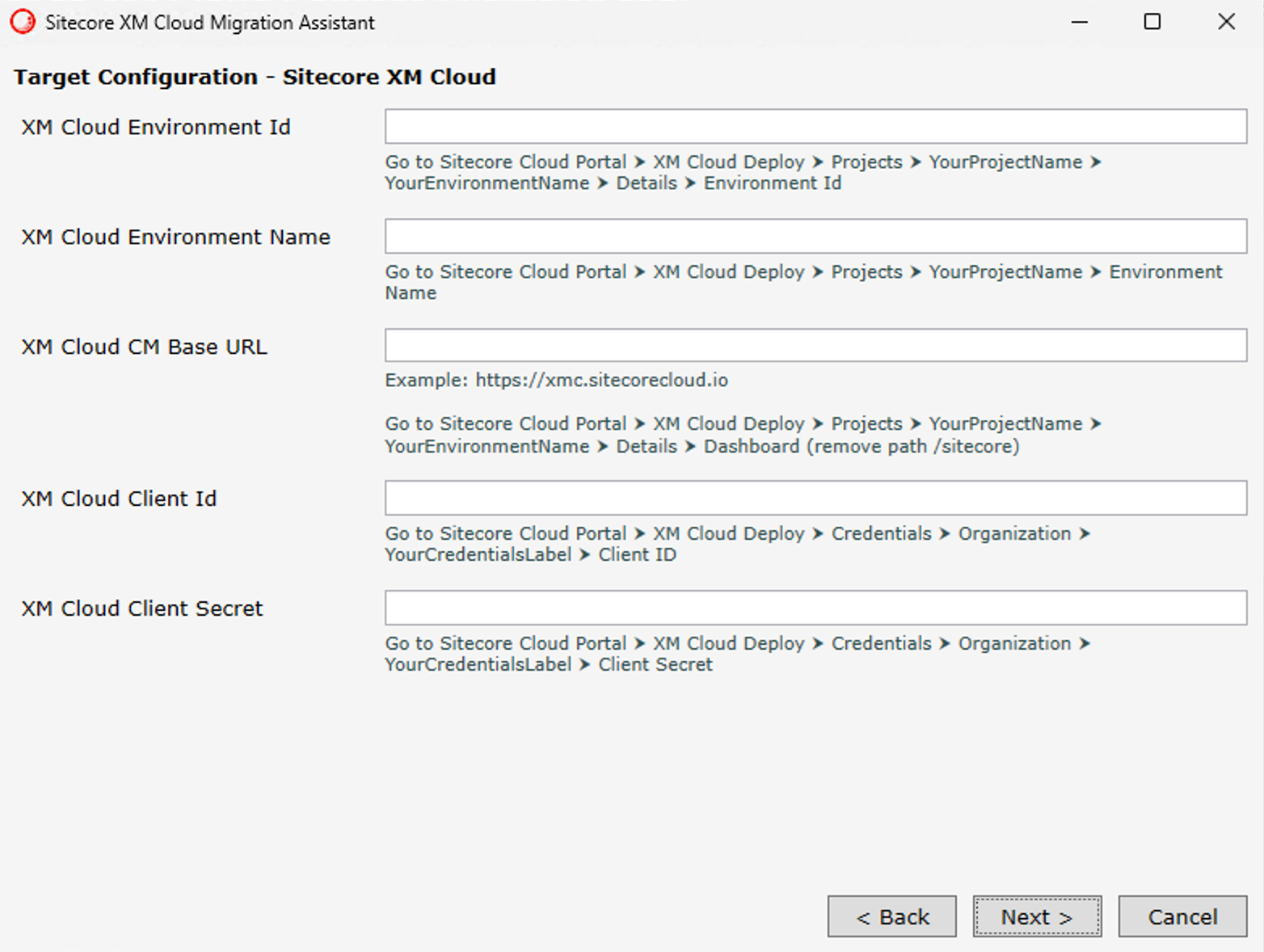 Configuration screen for Sitecore XM on-premise source settings with fields for base URLs and credentials.