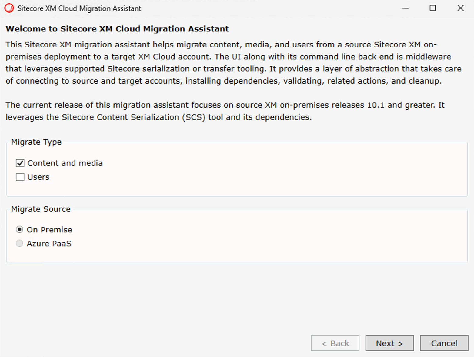 Welcome screen of the Sitecore XM Cloud Migration Assistant detailing options for content, media, and user migration.