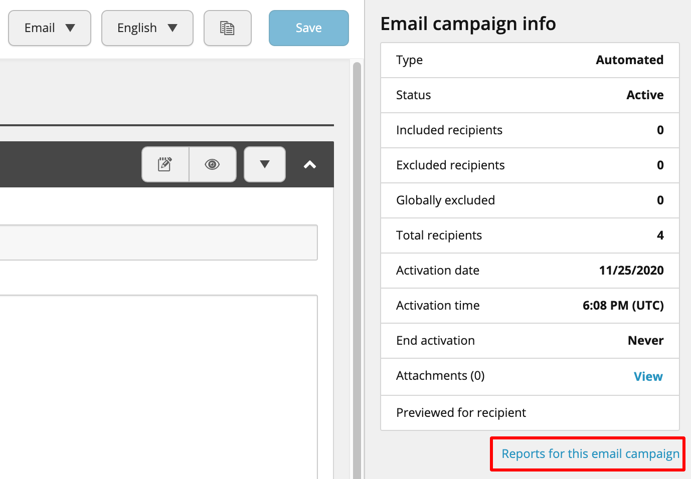 Screenshot of where to find reports for an email campaign in Sitecore