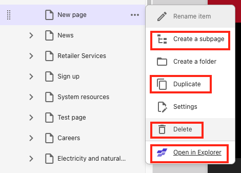 Dropdown menu with options like "Create a subpage" and "Rename item" in a site management system.