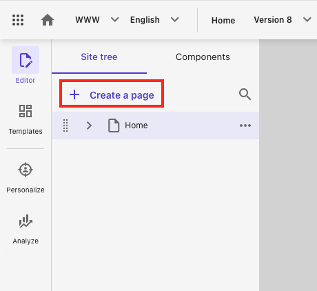 "Create a page" button highlighted in a website content management system interface.