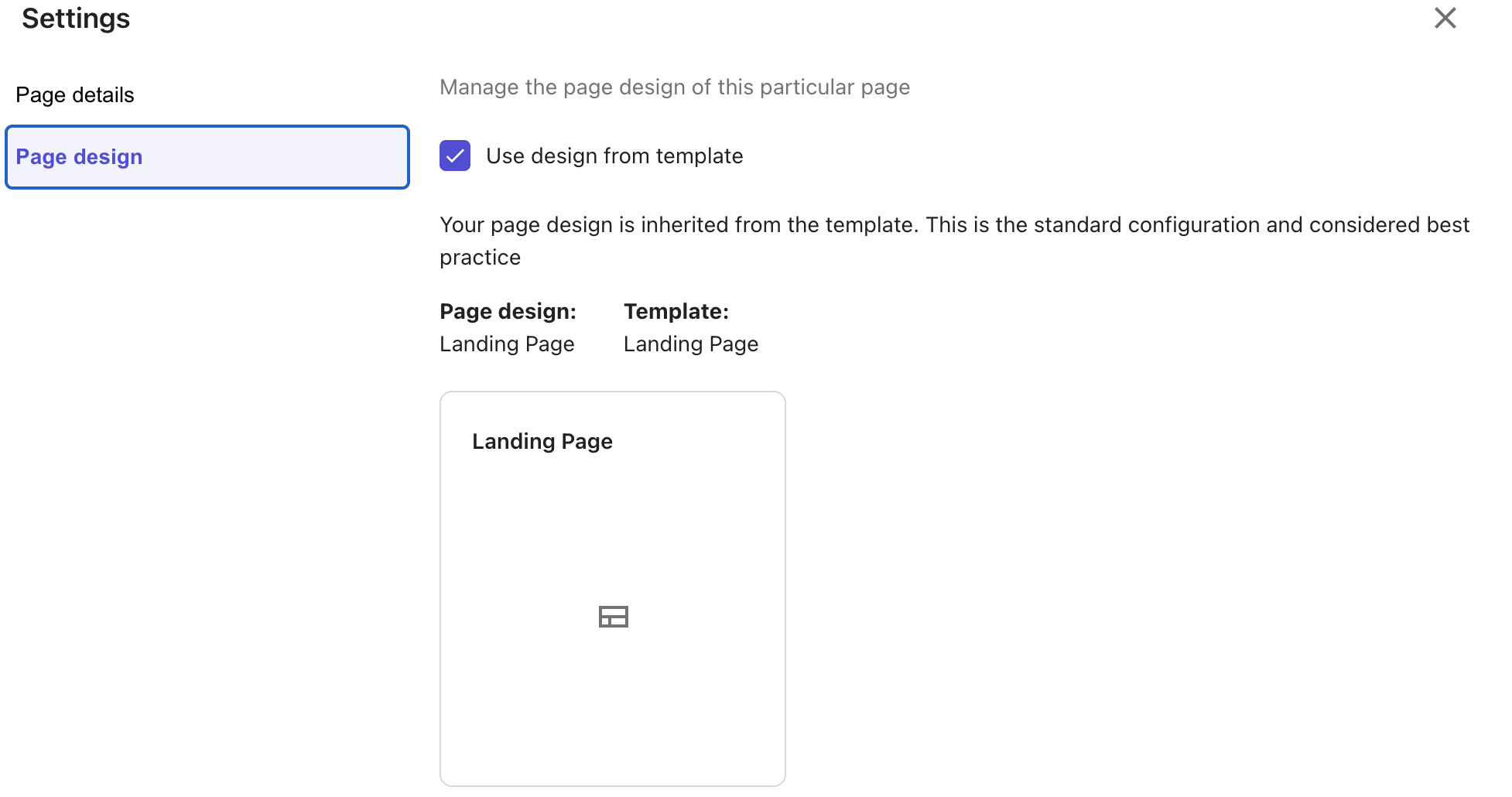 Settings window showing page design options with a "Use design from template" checkbox.