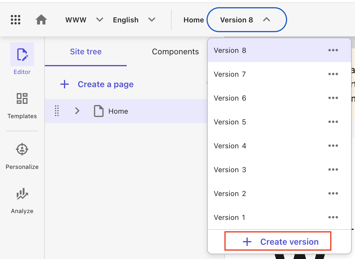 Version dropdown menu for a web page in a content management system, "Create version" highlighted.