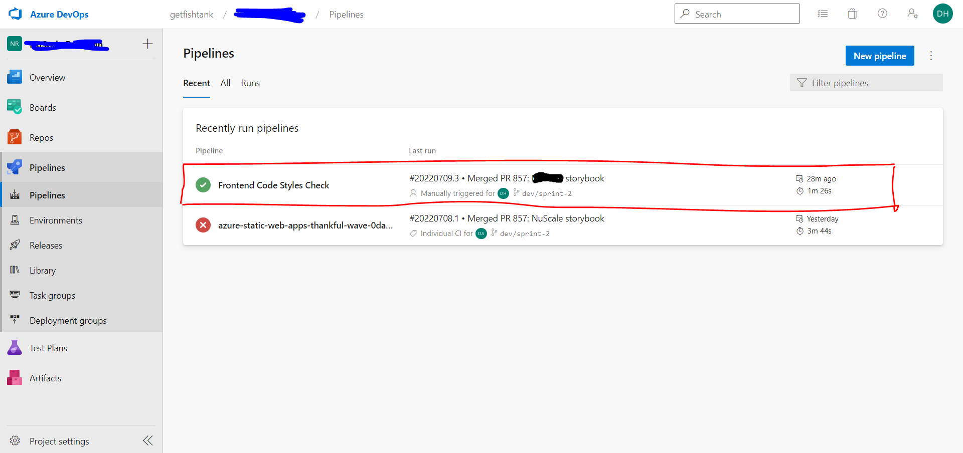 Click on the pipeline the newly created in Azure DevOps