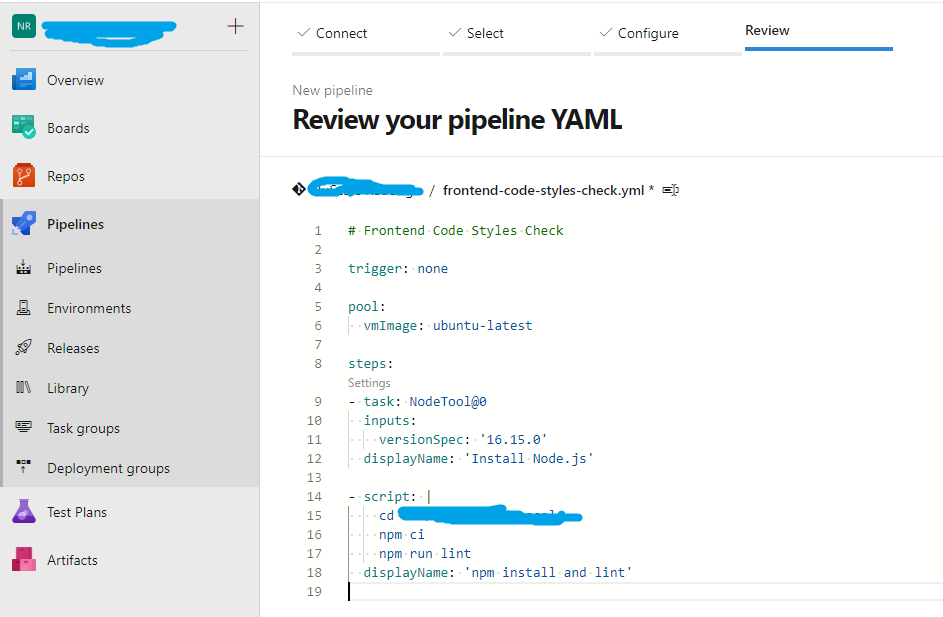 Azure DevOps text editor for the script that will run the pipeline.