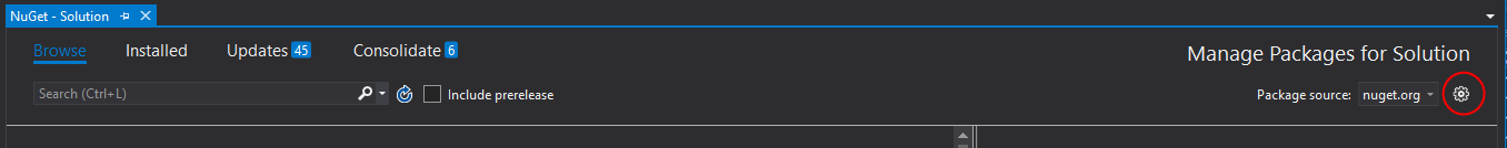 Click the Settings button in Manage NuGet Package in Visual Studio Code.
