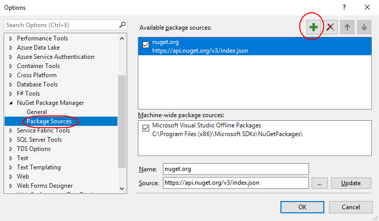 In Package Sources click the plus icon to add a new package source