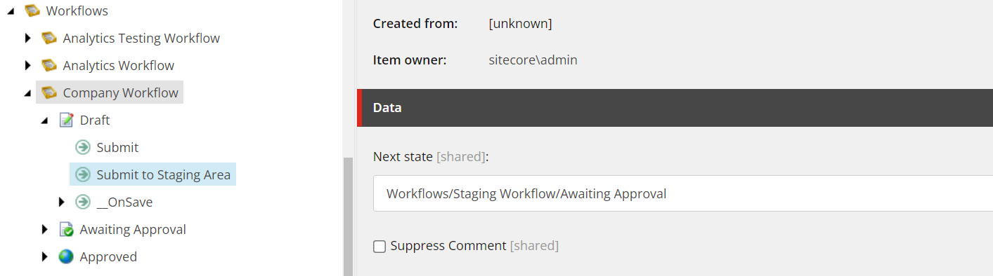 Screenshot of the company workflow in Sitecore