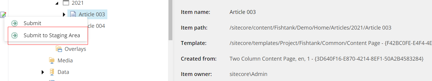 Screenshot of "submit to staging area" in the Sitecore workflow