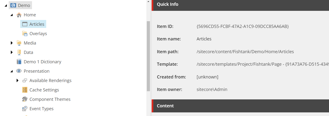 Sitecore content tree Demo>Articles