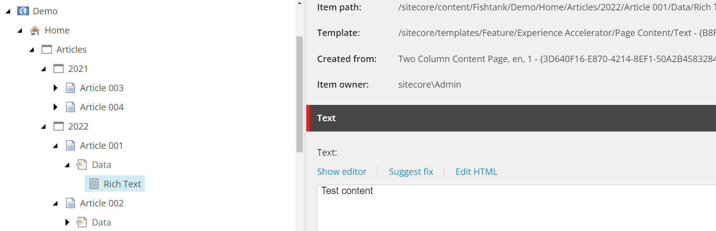 Rich text component in the Sitecore content tree
