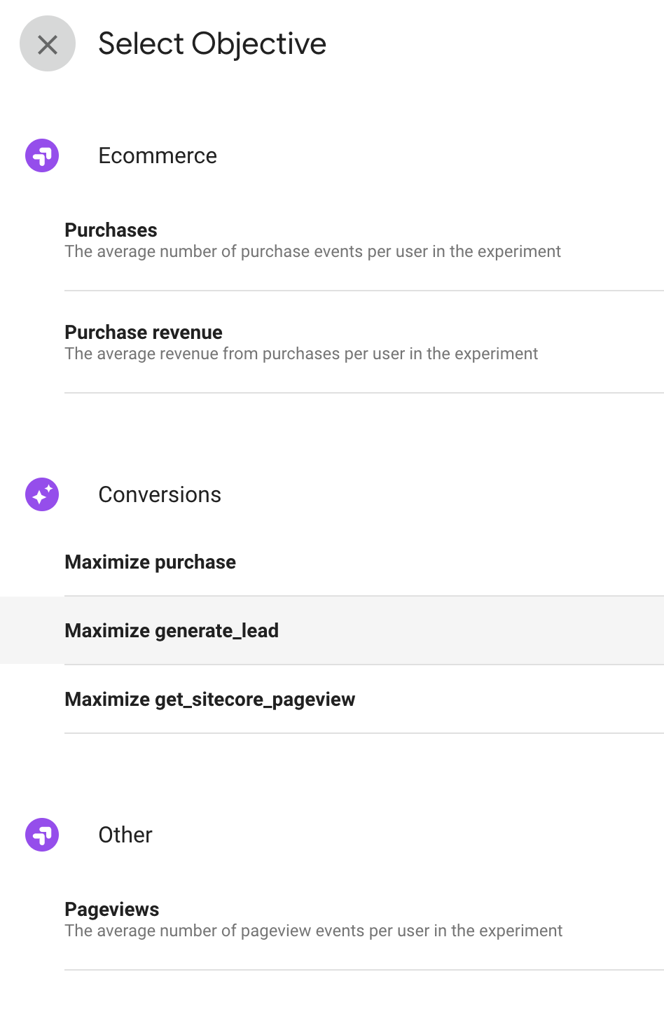 Adding experiment objectives in Google Optimize