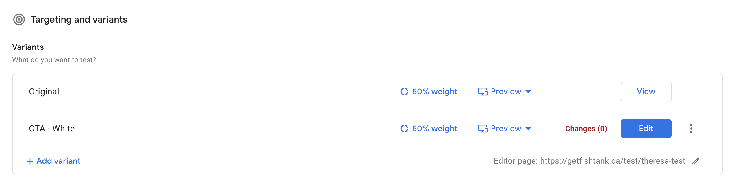 Targeting and variants in Google Optimize
