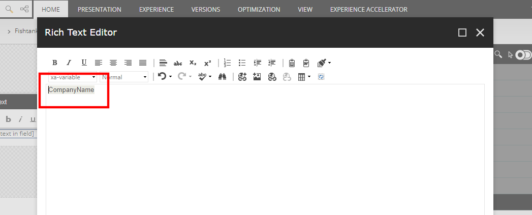 What the new content token looks like in the Sitecore SXA rich text editor