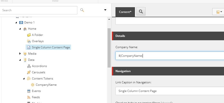 Insert the new content token as needed using $(variable name) in Sitecore SXA
