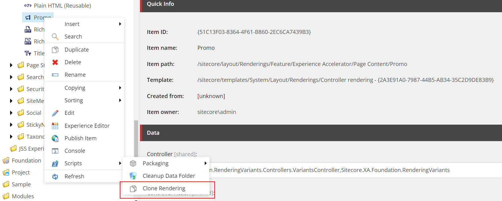 Right-click the Sitecore component rendering and select Clone Rendering.