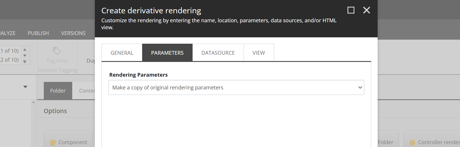 Create a derivative rendering in Sitecore parameters step.