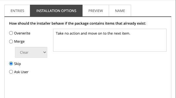Skip option in Installations Options when creating a package in Sitecore