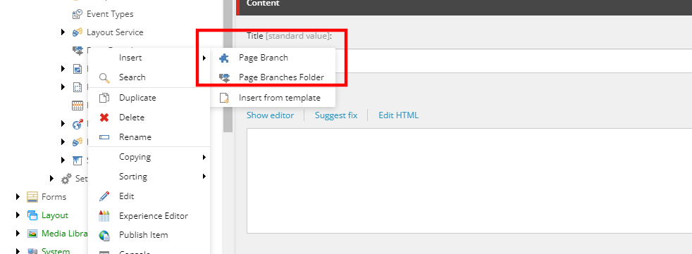 Creating a new page branch in Sitecore SXA