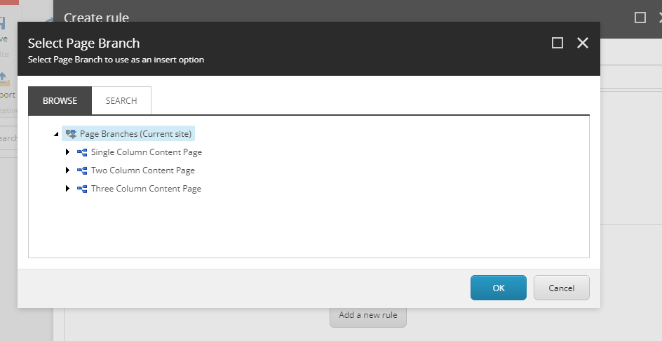 Selecting page branches in Sitecore SXA 