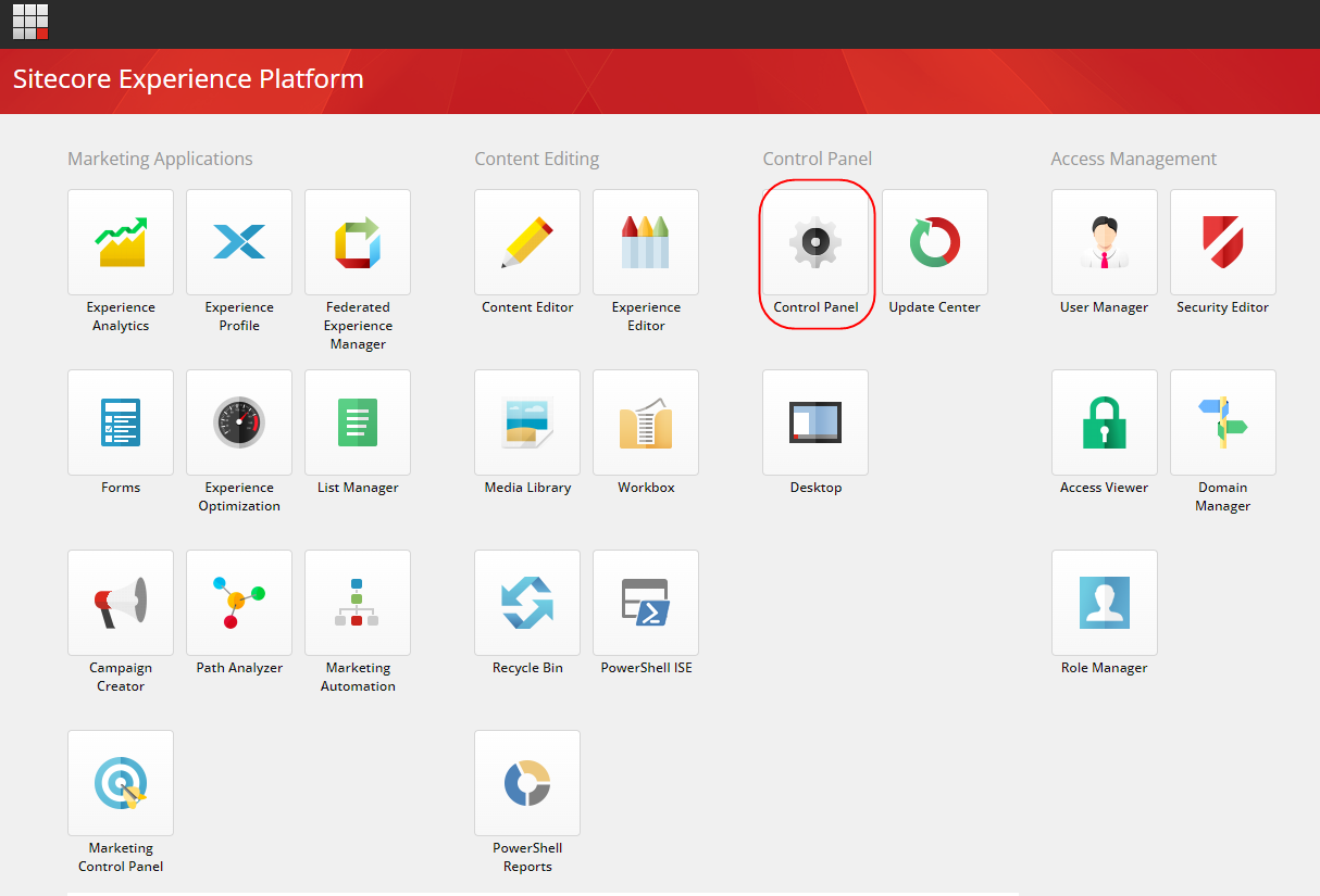 Go to control panel from Sitecore dashboard