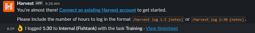 Screenshot of a Harvest time tracking integration in Slack