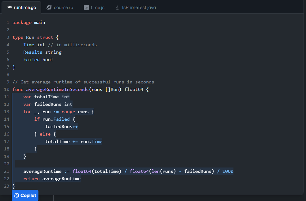 Screenshot of lines of code in Github Copilot