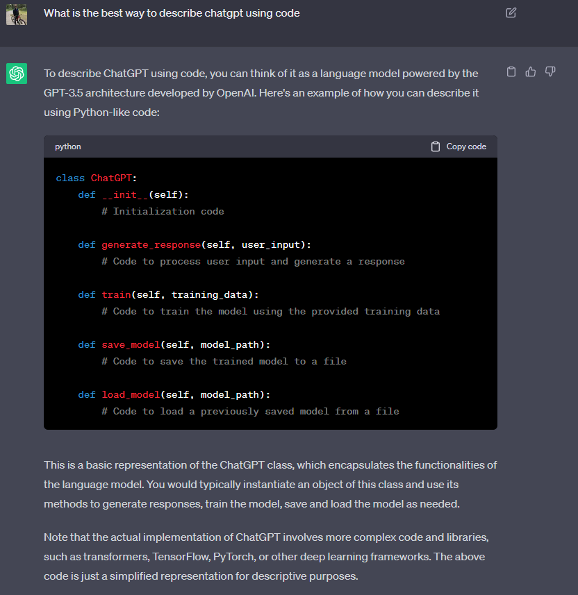Screenshot of the best way to describe ChatGPT using code