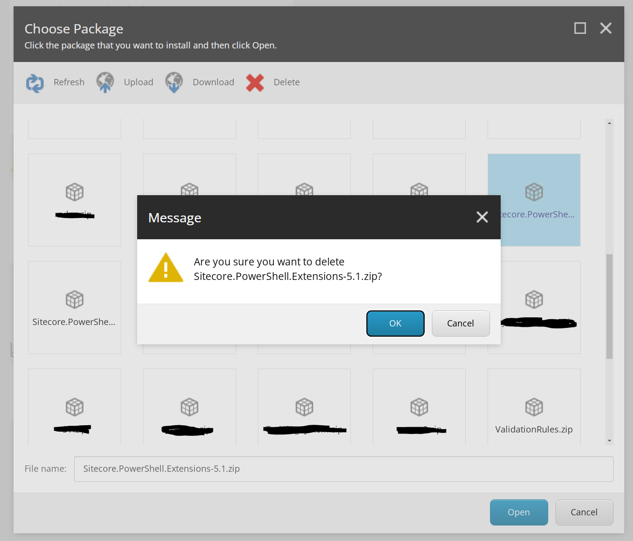 Confirm you want to delete the package in Sitecore