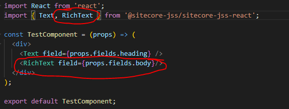 Add the field type to the component code snippet for a Sitecore JSS component.