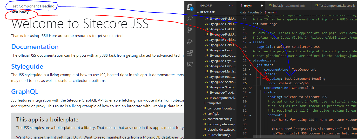 The en.yml with the added new component field created for the Sitecore JSS component.