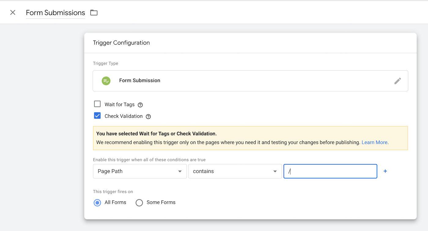 Form submission trigger configuration in Google Tag Manager