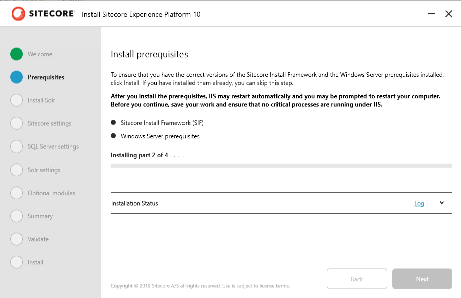  Install the pre-requisites step of setting up Sitecore 10 that will install .Net Framework 4.8.0, Windows Server prerequisites including IIS and other modules