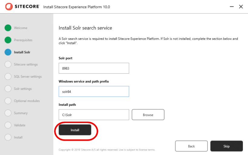 Install Solr search service. Sitecore 10 needs SOLR 8.4
