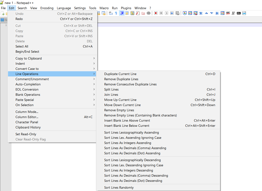 Notepad++ Edit > Line Operations menu