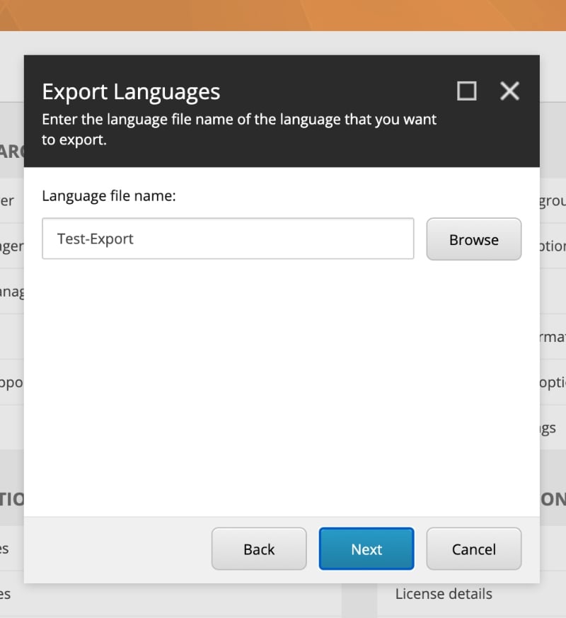 Screenshot of the prompt indicating which language you want to Export