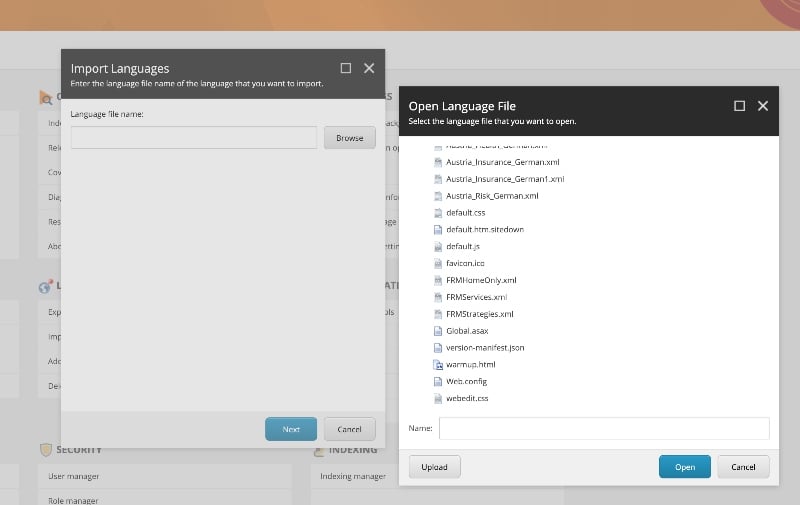 Screenshot selecting which language file you want to import into Sitecore using the Control Panel