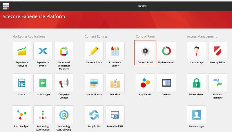 Screenshot of where to find the Control Panel in the Sitecore Launchpad