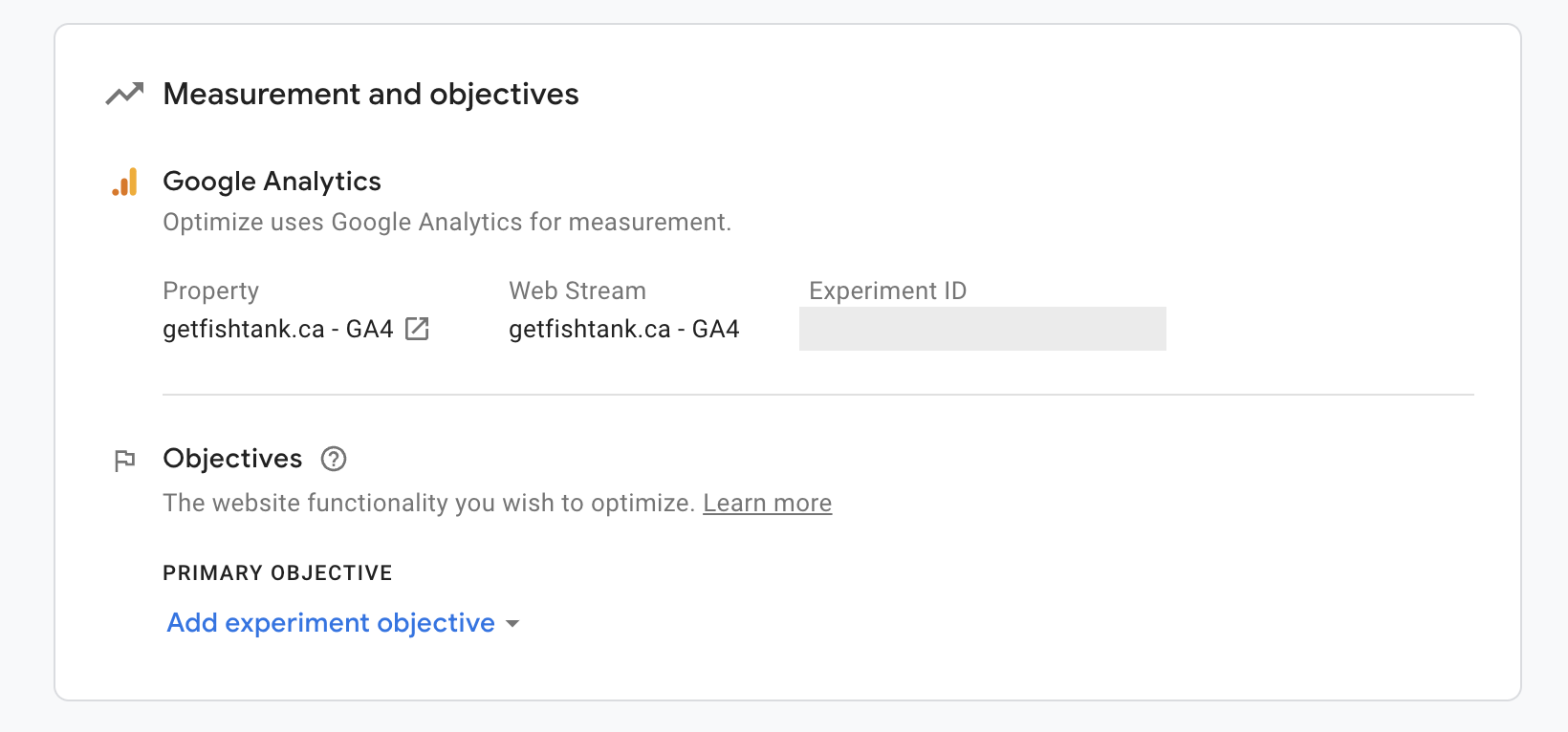 Screenshot of Google Optimize connected to Google Analytics 4
