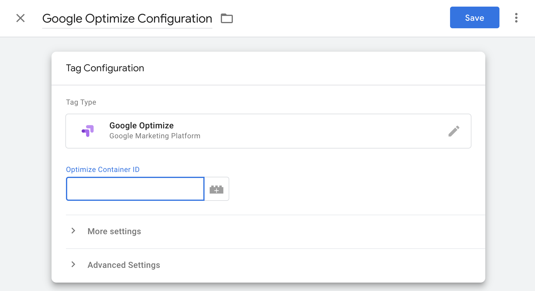 Screenshot of Google Tag Manager linking to Google Optimize container