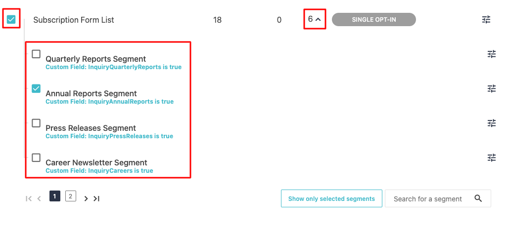 Screenshot showing how to select a segment for an email campaign in Moosend