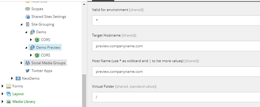Update the hostname and target hostname with the new URL in the new Site Grouping in Sitecore
