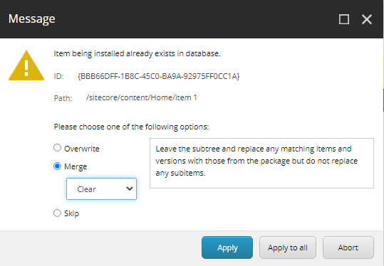 Example of a Sitecore message to perform the merge - clearing the matching items but not subitems