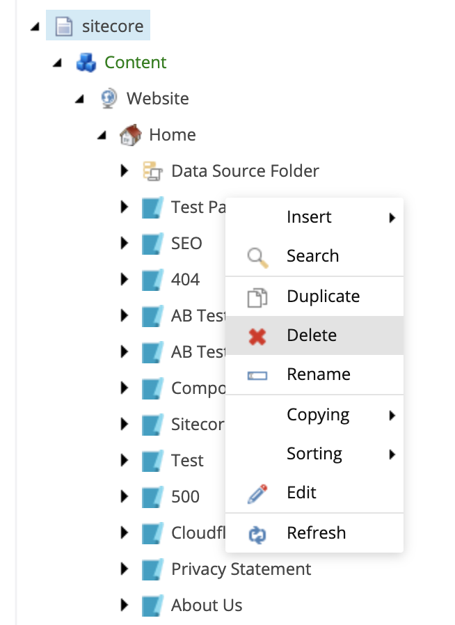 Right click an item to delete it in Sitecore