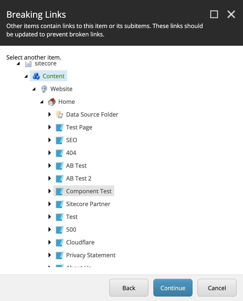 Select a new item to relocate links to in the Sitecore content tree